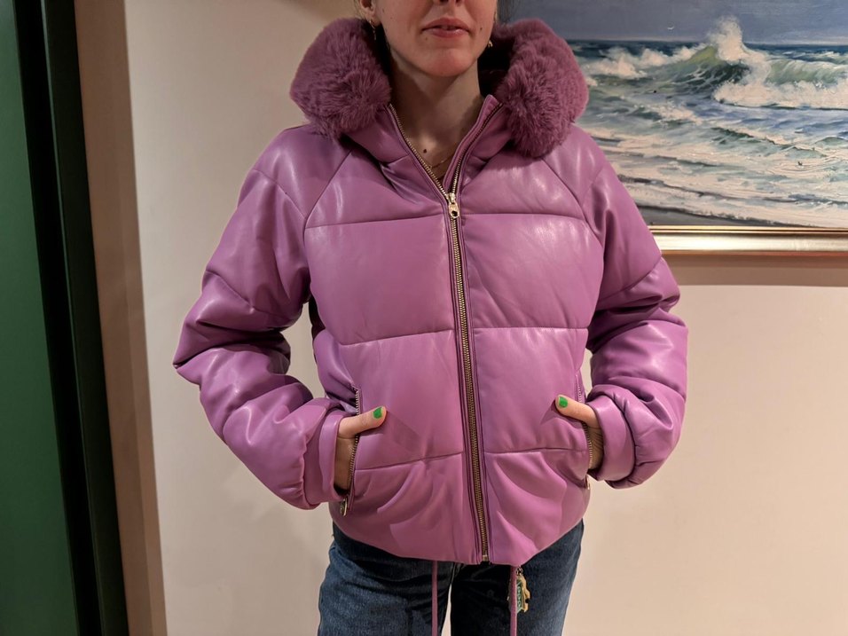 Peluş Detaylı Mor Deri Kadın Kışlık Mont - Görsel 4