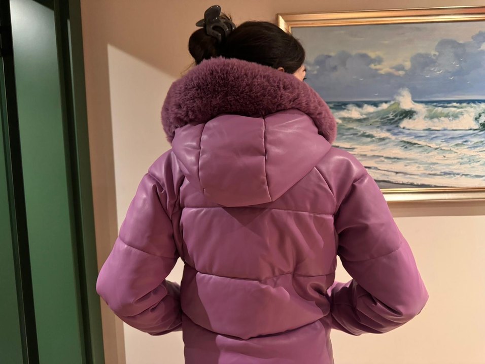 Peluş Detaylı Mor Deri Kadın Kışlık Mont - Görsel 3