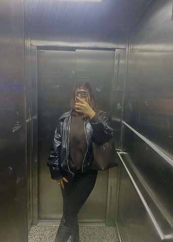 Siyah Deri Kadın Ceket, Salaş Kesim, Midi Boy - Görsel 3