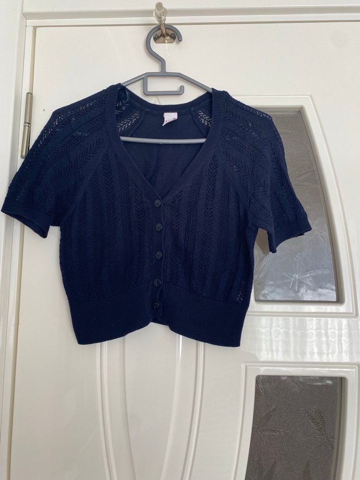 Lacivert V Yakalı Kısa Kollu Örgü Hırka - Görsel 3