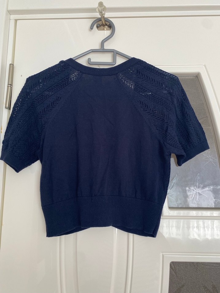 Lacivert V Yakalı Kısa Kollu Örgü Hırka - Görsel 2