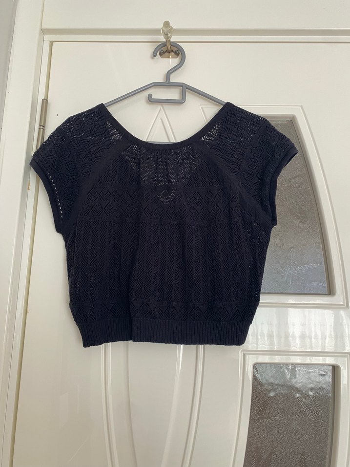 Siyah V Yaka Kısa Kollu Triko Hırka - Görsel 2