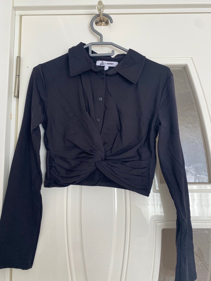 Düğmeli Siyah Kadın Keten Gömlek - Görsel 2