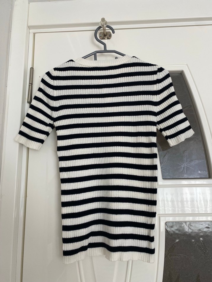 Çizgili Kısa Kollu Kadın Triko - Görsel 2