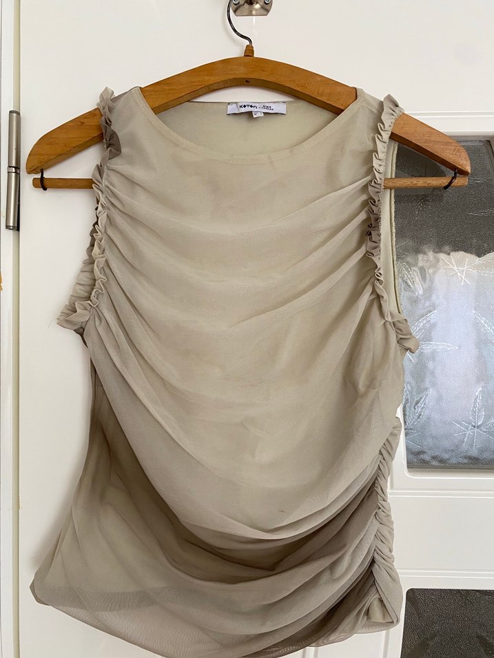 Bej Kolsuz Keten Drapeli Uzun Kadın Bluz - Görsel 2