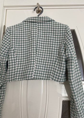 Düğmeli Gri Kareli Midi Kadın Blazer - Görsel 4