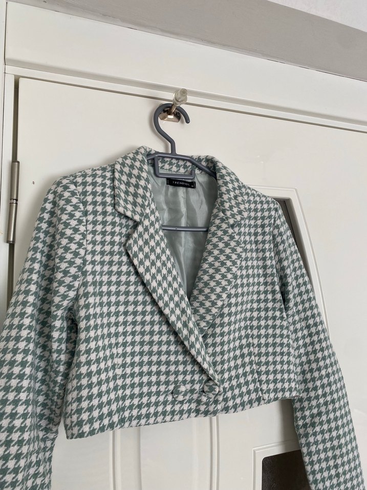 Düğmeli Gri Kareli Midi Kadın Blazer - Görsel 2