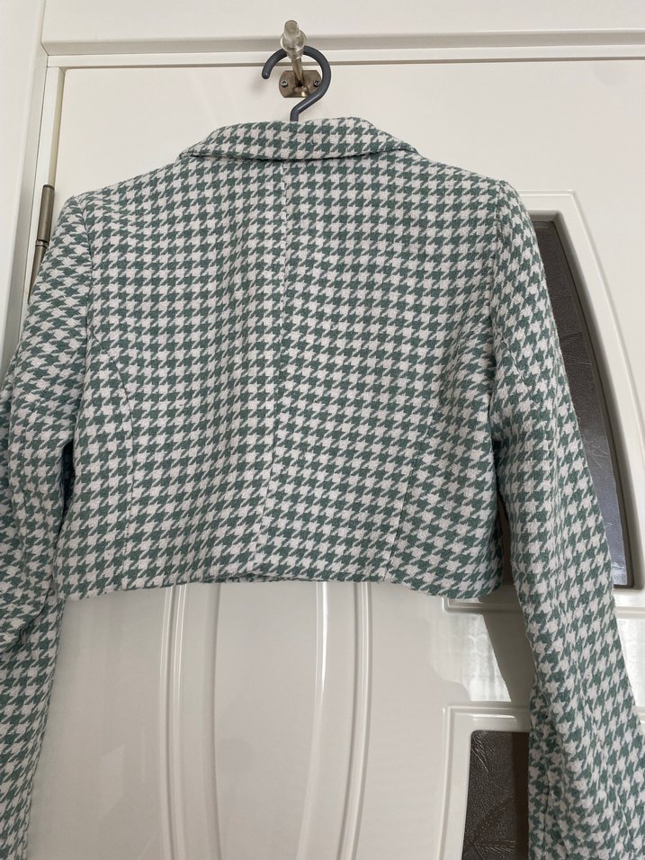 Düğmeli Gri Kareli Midi Kadın Blazer - Görsel 4