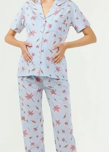 Mavi Desenli düğmeli hamile lohusa Pijama Takımı