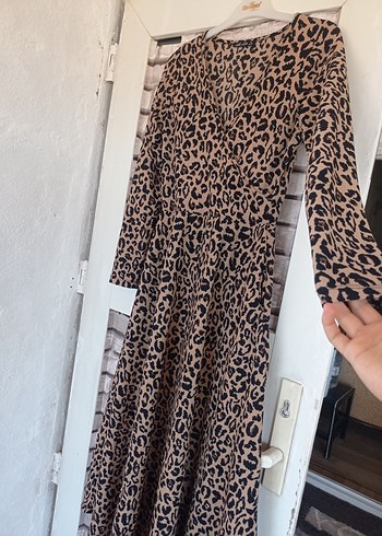 38 Beden Kahverengi Leopar Desenli Uzun Kollu Elbise
