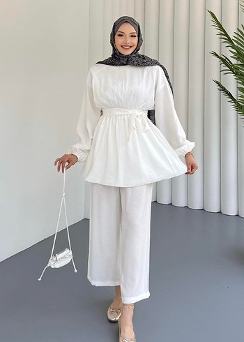 Belden Lastik Detaylı Pantolonlu Tesettür Takım-BEYAZ