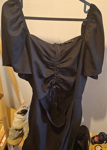 Trendyol & Milla Drapeli Siyah Straplez Gotik Midi Elbise