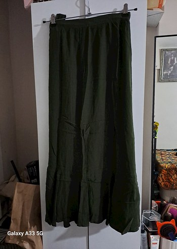 Uzun, Salaş Keten Etek, Drapeli, Haki - Görsel 3