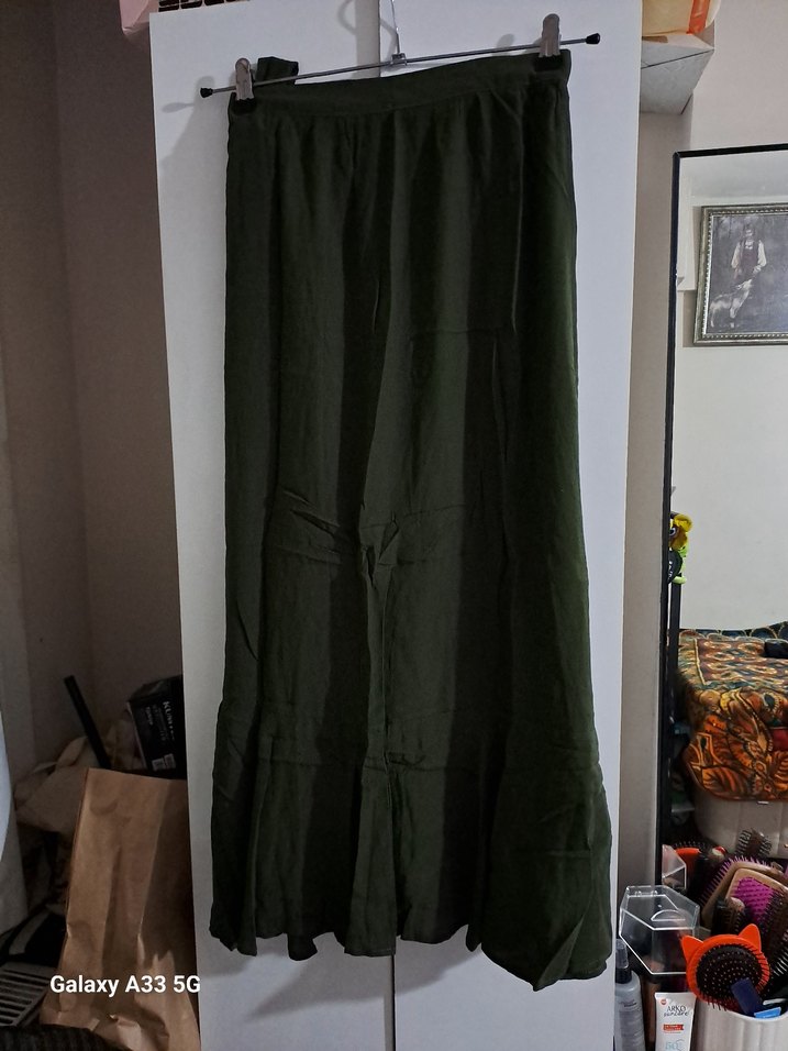 Uzun, Salaş Keten Etek, Drapeli, Haki - Görsel 3