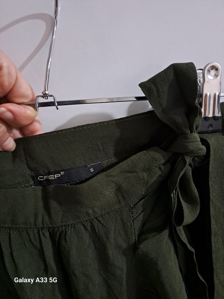 Uzun, Salaş Keten Etek, Drapeli, Haki - Görsel 2