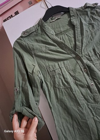 Haki Düğmeli Keten Gömlek - Görsel 3