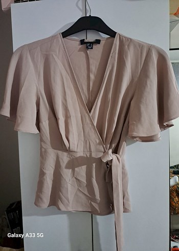 Pudra Kısa Kollu Kemerli Bluz - Görsel 2