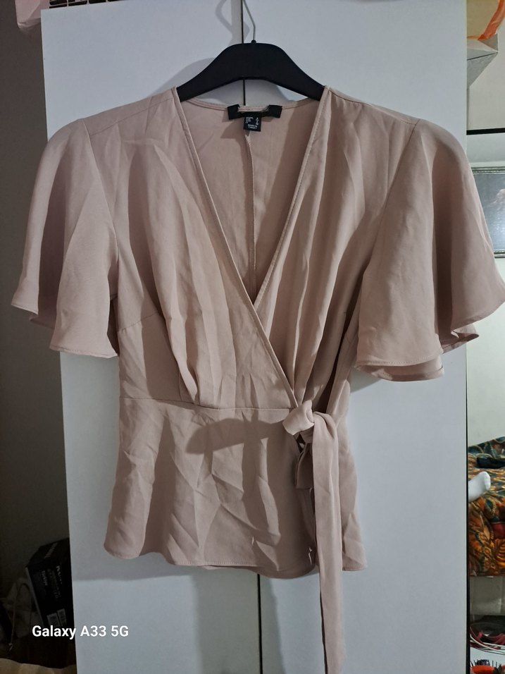 Pudra Kısa Kollu Kemerli Bluz - Görsel 2