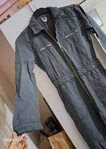 Gri Denim Fermuarlı Kadın Tulum - Görsel 3