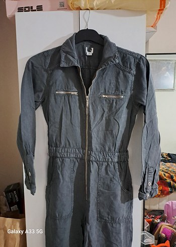 Gri Denim Fermuarlı Kadın Tulum - Görsel 2