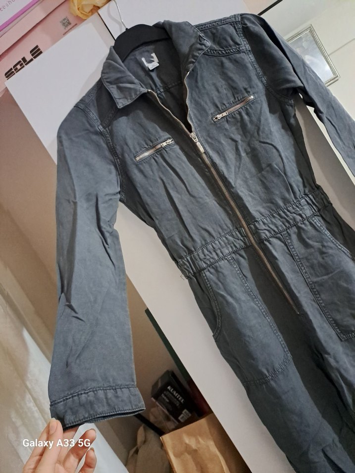 Gri Denim Fermuarlı Kadın Tulum - Görsel 3