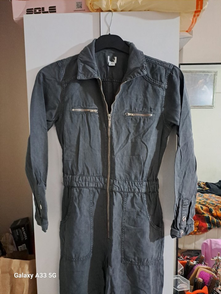 Gri Denim Fermuarlı Kadın Tulum - Görsel 2