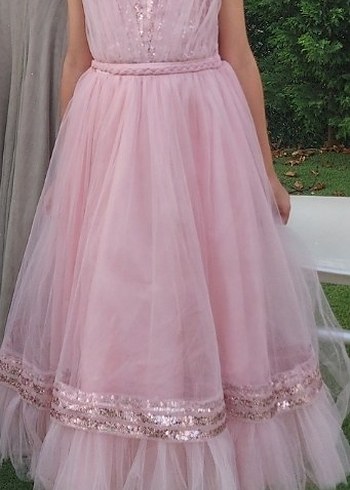 Pembe Nakışlı Bohem Çocuk Abiye Elbise
