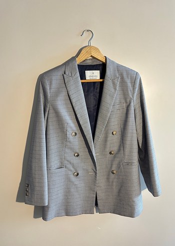 Gri Ekoseli Düğmeli Kadın Blazer