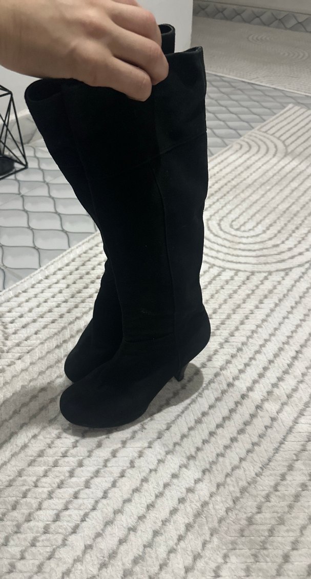 Siyah Süet Topuklu Dizüstü Çizme - Görsel 4