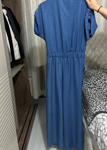 38 Beden Kadın Mavi Kısa Kollu Denim Tulum