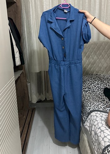 Kadın Mavi Kısa Kollu Denim Tulum