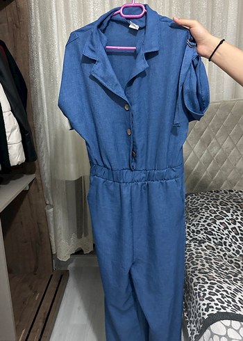 Diğer Kadın Mavi Kısa Kollu Denim Tulum