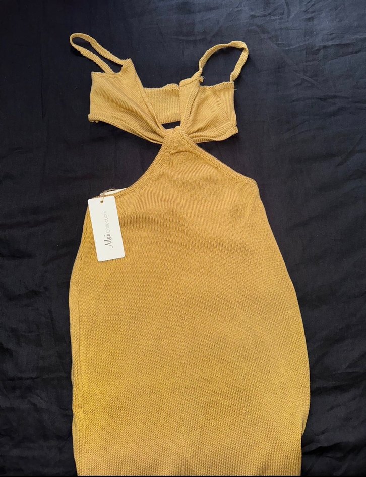 Sarı V Yaka Midi Kadın Elbise - Görsel 3