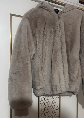 Gri Peluş Kadın Ceket Kapüşonlu - Görsel 3