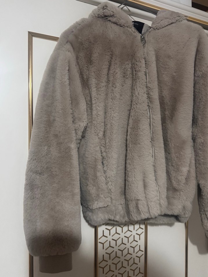 Gri Peluş Kadın Ceket Kapüşonlu - Görsel 3