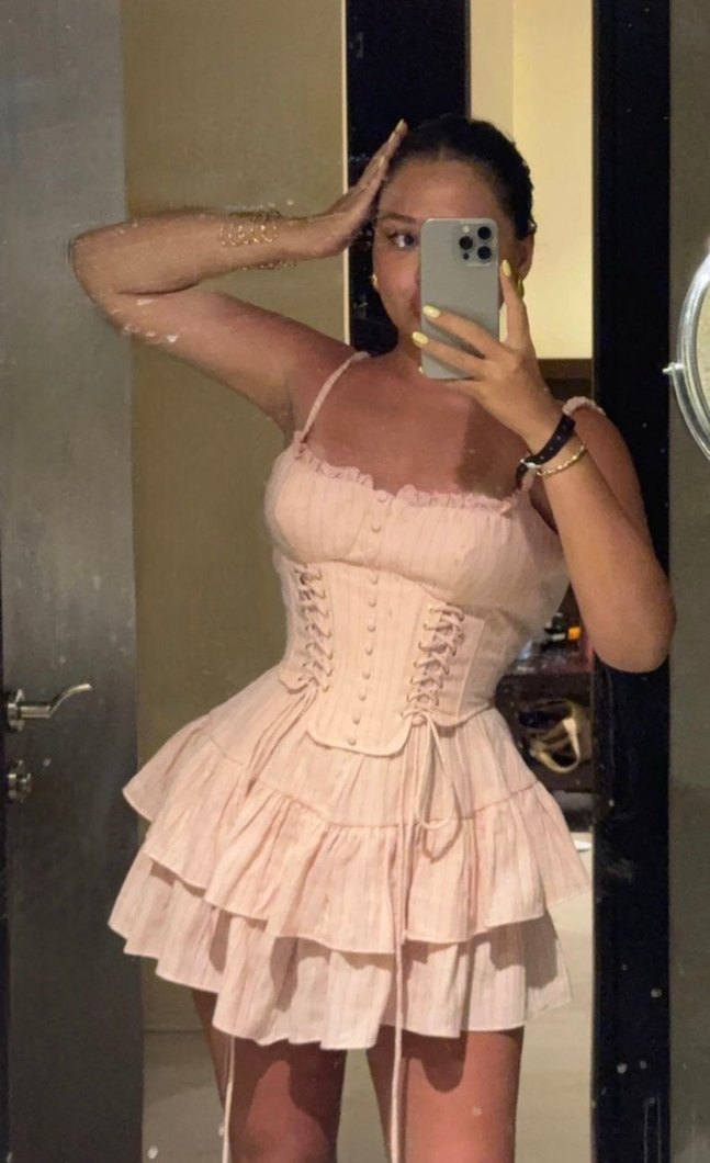 Pembe Fırfırlı Kısa Keten Elbise - Görsel 2