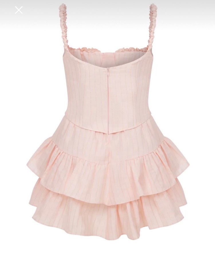 Pembe Fırfırlı Kısa Keten Elbise - Görsel 3