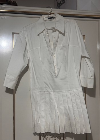 Beyaz Pilili Keten Midi Gömlek - Görsel 2