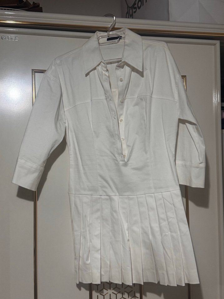 Beyaz Pilili Keten Midi Gömlek - Görsel 2