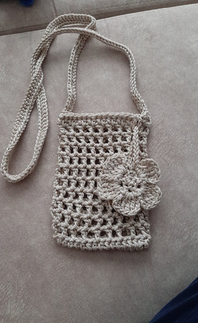 Bej Örgü Bohem Kadın Çapraz Telefon  Çantası Yeni ördüm - Görsel 2
