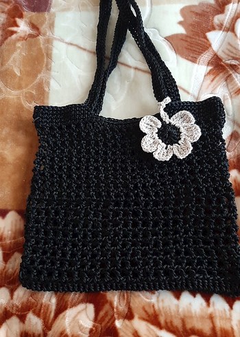 Siyah Kafes Detaylı Örgü Kadın Çanta Makrome ipden ördüm - Görsel 2