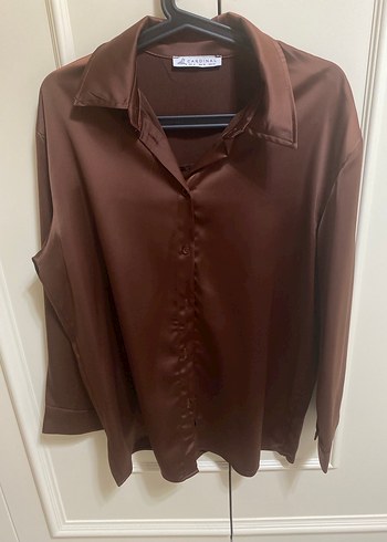Kahverengi Kadın V Yakalı Saten Gömlek - Görsel 3