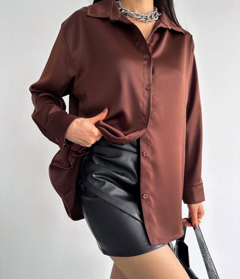 Kahverengi Kadın V Yakalı Saten Gömlek - Görsel 2