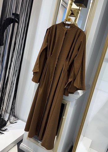 Kahverengi Uzun Kollu Drapeli Kadın Elbise - Görsel 6