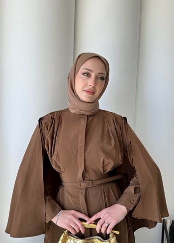 Kahverengi Uzun Kollu Drapeli Kadın Elbise - Görsel 2