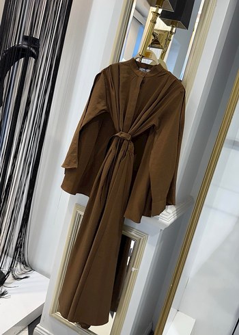 Kahverengi Uzun Kollu Drapeli Kadın Elbise - Görsel 4