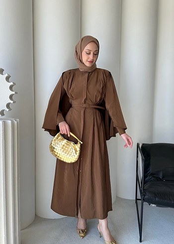 Kahverengi Uzun Kollu Drapeli Kadın Elbise - Görsel 3