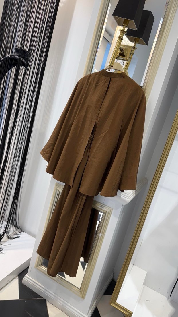 Kahverengi Uzun Kollu Drapeli Kadın Elbise - Görsel 5