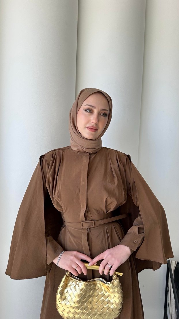 Kahverengi Uzun Kollu Drapeli Kadın Elbise - Görsel 2