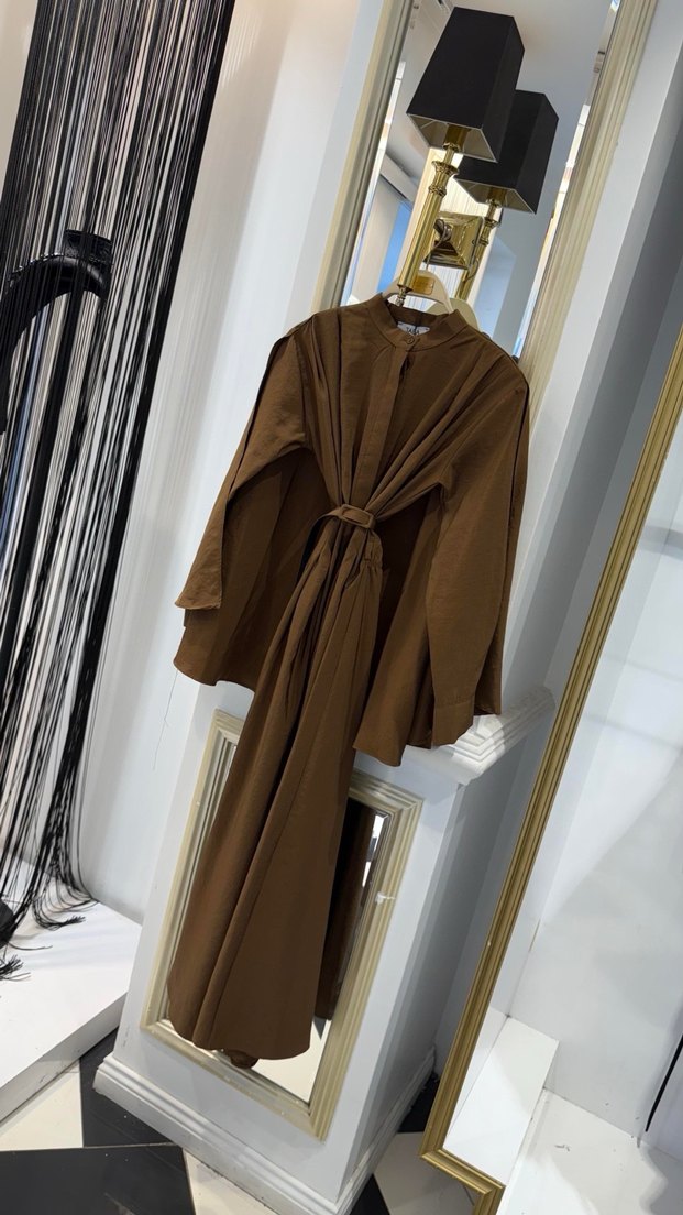 Kahverengi Uzun Kollu Drapeli Kadın Elbise - Görsel 4